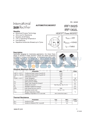 IRF1302L datasheet - Power MOSFET(Vdss=20V, Rds(on)=4.0mohm, Id=174A)
