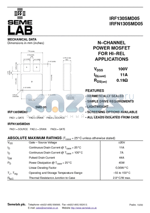 IRF130SMD05N datasheet - NCHANNEL POWER MOSFET FOR HIREL APPLICATIONS