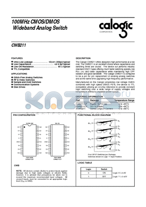 XCWB211 datasheet - 100MHz CMOS/DMOS Wideband Analog Switch