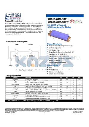 XD010-04S-D4F datasheet - 350-600 MHz Class AB 10W Power Amplifier Module
