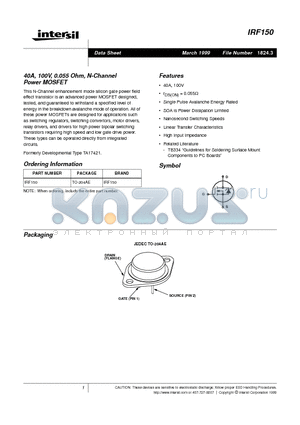 IRF150 datasheet - 40A, 100V, 0.055 Ohm, N-Channel Power MOSFET