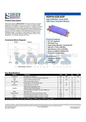 XD010-22S-D2F datasheet - 1805-1880 MHz Class A/AB 12W Power Amplifier Module