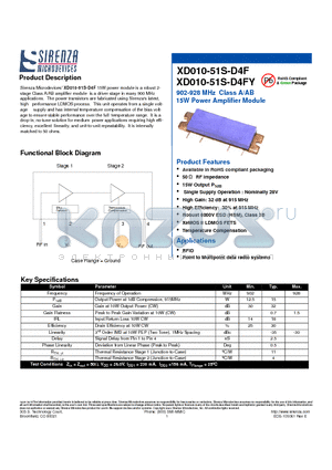 XD010-51S-D4FY datasheet - 902-928 MHz Class A/AB 15W Power Amplifier Module