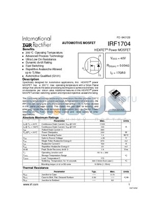 IRF1704 datasheet - Power MOSFET(Vdss=40V, Rds(on)=0.004ohm, Id=170A)