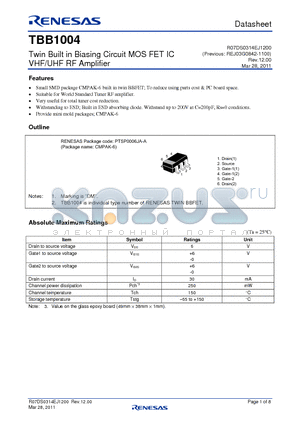 TBB1004DMTL-E datasheet - Twin Built in Biasing Circuit MOS FET IC VHF/UHF RF Amplifier