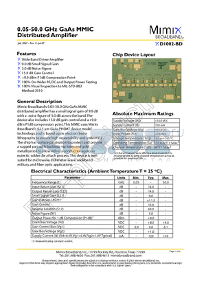 XD1002-BD-EV1 datasheet - 0.05-50.0 GHz GaAs MMIC Distributed Amplifier