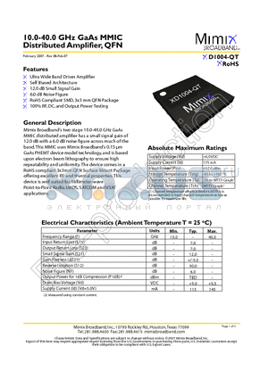 XD1004-QT datasheet - 10.0-40.0 GHz GaAs MMIC Distributed Amplifier, QFN