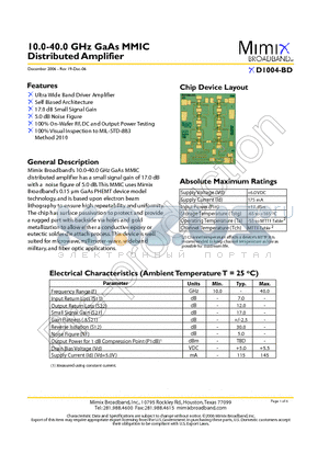 XD1004-BD-000V datasheet - 10.0-40.0 GHz GaAs MMIC Distributed Amplifier