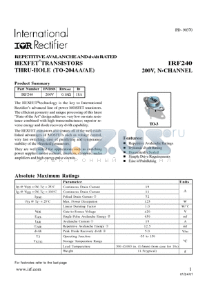 IRF240 datasheet - REPETITIVE AVALANCHE AND dv/dt RATED