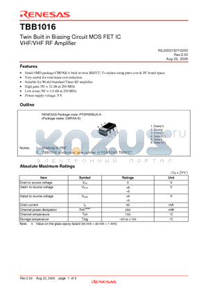 TBB1016RMTL-E datasheet - Twin Built in Biasing Circuit MOS FET IC VHF/VHF RF Amplifier