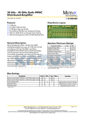 XD1008-BD datasheet - 30 kHz - 40 GHz GaAs MMIC Distributed Amplifier