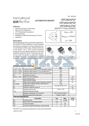 IRF2804LPBF datasheet - AUTOMOTIVE MOSFET