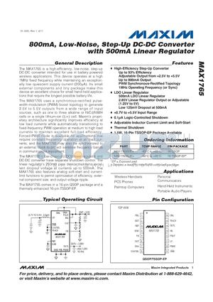 MAX1765_11 datasheet - 800mA, Low-Noise, Step-Up DC-DC Converter with 500mA Linear Regulator
