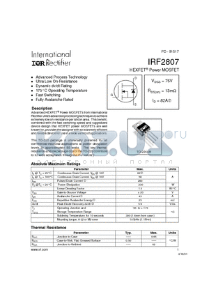 IRF2807 datasheet - Power MOSFET(Vdss=75V, Id=82A)