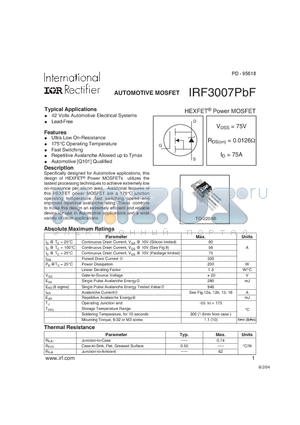 IRF3007PBF datasheet - HEXFET^ Power MOSFET