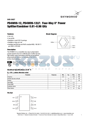 PD4W09-12 datasheet - Four-Way 0` Power Splitter/Combiner 0.81-0.96 GHz