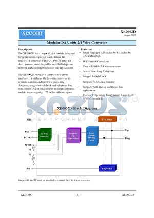 XE0002D datasheet - Modular DAA with 2/4 Wire Convertor
