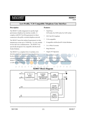 XE0017 datasheet - Low-Profile, V.34 Compatible Telephone Line Interface