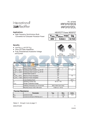 IRF3707ZCS datasheet - HEXFET Power MOSFET