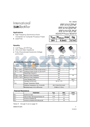 IRF3707ZPBF datasheet - HEXFET Power MOSFET