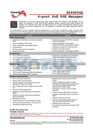 PD64004A datasheet - 4-port PoE PSE Manager