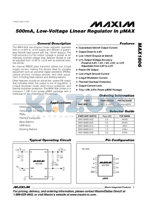 MAX1806EUA25 datasheet - 500mA, Low-Voltage Linear Regulator in UMAX