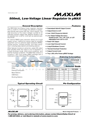 MAX1806EUA33 datasheet - 500mA, Low-Voltage Linear Regulator in UMAX