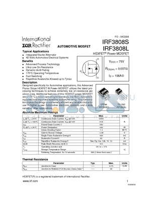 IRF3808L datasheet - AUTOMOTIVE MOSFET