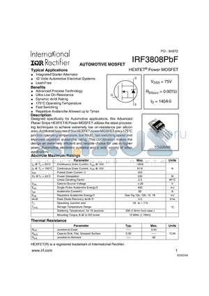 IRF3808PBF datasheet - HEXFET Power MOSFET