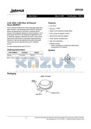 IRF430 datasheet - 4.5A, 500V, 1.500 Ohm, N-Channel Power MOSFET