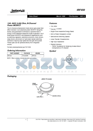 IRF450 datasheet - 13A, 500V, 0.400 Ohm, N-Channel Power MOSFET