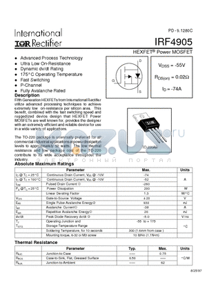 IRF4905 datasheet - Power MOSFET(Vdss=-55V, Rds(on)=0.02ohm, Id=-74A)