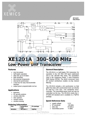 XE1201A datasheet - LOW POWER UHF TRANSCEIVER