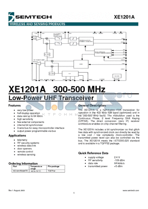 XE1201AI026TR datasheet - 300-500 MHz Low-Power UHF Transceiver