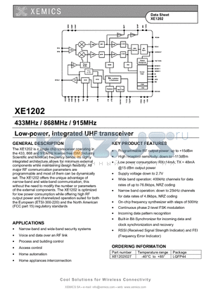 XE1202 datasheet - Low-power, integrated UHF transceiver