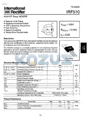 IRF510 datasheet - Power MOSFET(Vdss=100V, Rds(on)=0.54ohm, Id=5.6A)