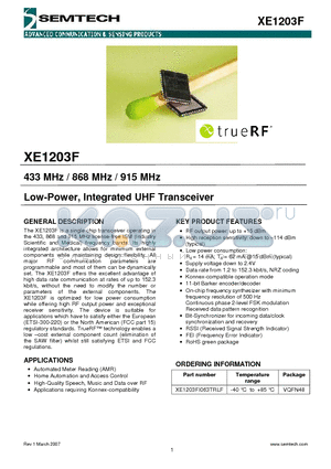 XE1203F datasheet - 433 MHz / 868 MHz / 915 MHz Low-Power, Integrated UHF Transceiver