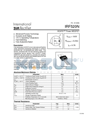 IRF520N datasheet - Power MOSFET(Vdss = 100 V, Rds(on)  = 0.20 Ohm, Id= 9.7A)