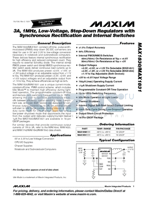 MAX1830 datasheet - 3A, 1MHz, Low-Voltage, Step-Down Regulators with Synchronous Rectification and Internal Switches