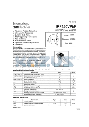 IRF520VPBF datasheet - HEXFET^ Power MOSFET