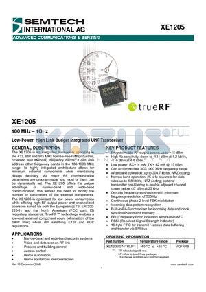 XE1205 datasheet - 180 MHz - 1GHz Low-Power, High Link Budget Integrated UHF Transceiver