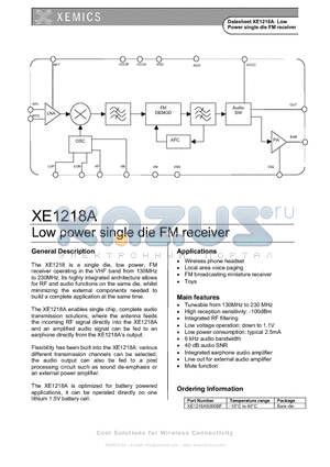 XE1218A datasheet - Low Power single die FM receiver