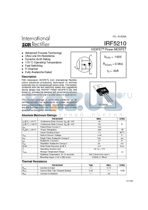 IRF5210 datasheet - Power MOSFET(Vdss=-100V, Rds(on)=0.06ohm, Id=-40A)
