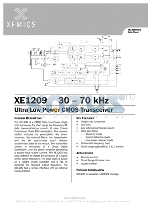 XE1209 datasheet - 30-70 KHZ ULTRA LOW POWER CMOS TRANSCEIVER
