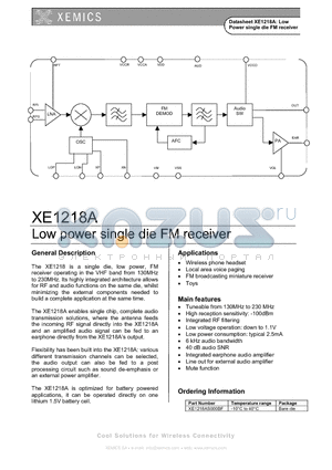 XE1218AS000BF datasheet - Low Power single die FM receiver