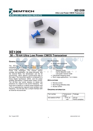 XE1209 datasheet - Ultra Low Power CMOS Transceiver