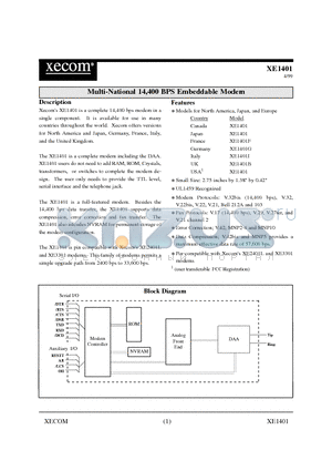 XE1401F datasheet - Multi-National 14,400 BPS Embeddable Modem