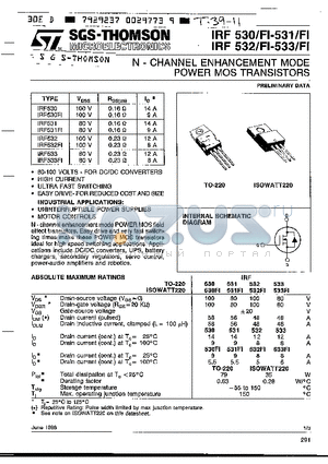 IRF530 datasheet - N-CHANNEL 100V - 0.115 W - 14A TO-220 LOW GATE CHARGE STripFET II POWER MOSFET