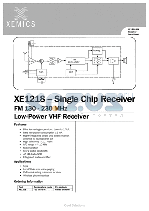 XE1218 datasheet - FM 130 - 230 MHz LOW-POWER VHF RECEIVER