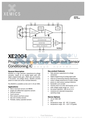 XE2004 datasheet - Programmable low-power capacitive sensor conditioning IC